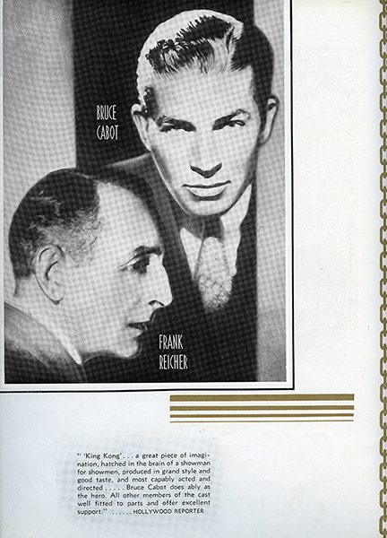 A newspaper cutout featuring Bruce Cabot and Frank Reicher, and Hollywood Reporter's review of King Kong